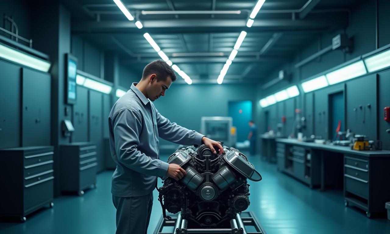 Workshop view na nagpapakita ng isang tekniko na nagtatrabaho sa isang makina at mga kagamitan sa acoustic